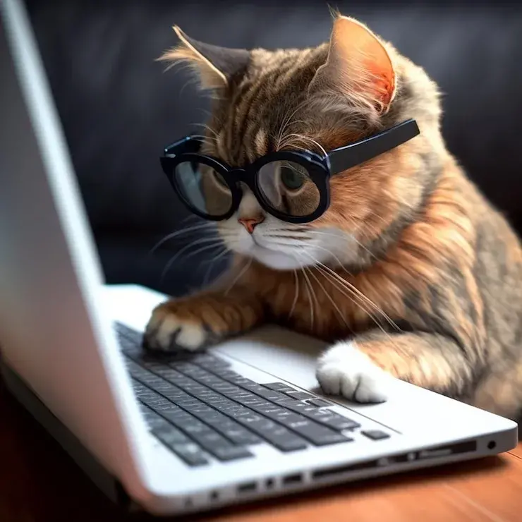 Aside Image of a cat wearing glasses in front of a computer